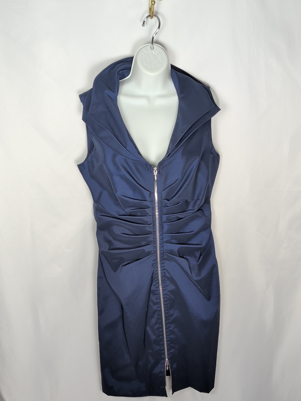 Joseph Ribkoff Navy Blue Two-Way Zip Ruched Sheath Dress Size 14